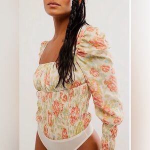 NWT FP Intimately Smock It To Me Floral Smocked Long Sleeve Bodysuit Tea Combo